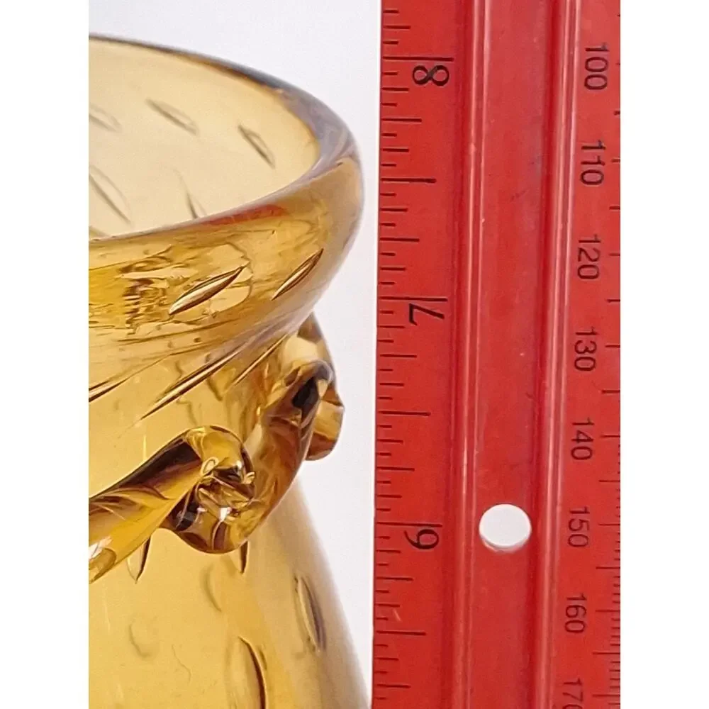 Vintage Amber Controlled Bubble Art Glass Pedestal Vase Applied Rigaree 1960s